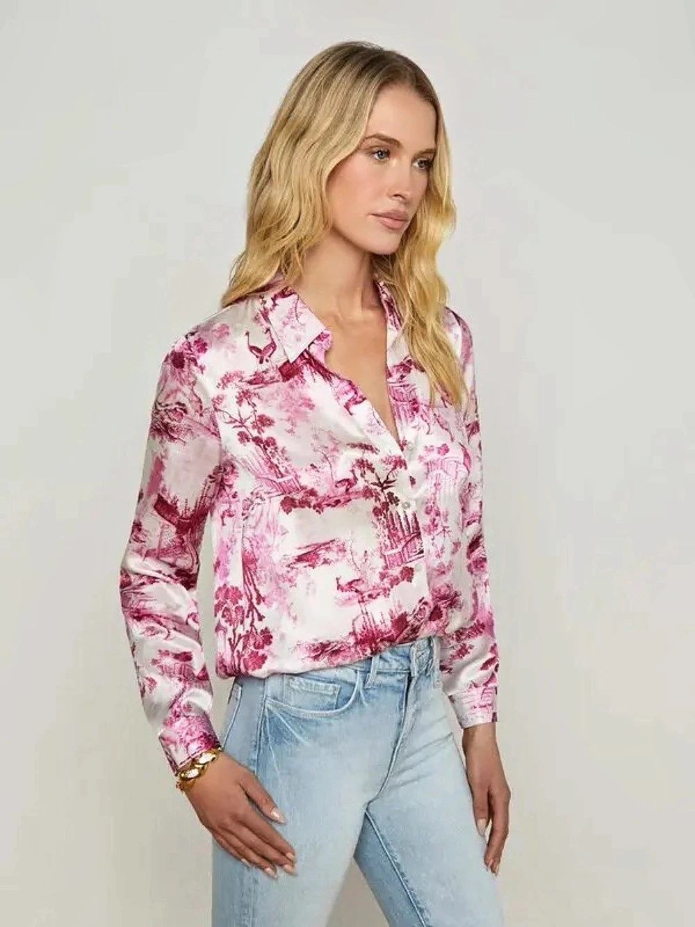 L'AGENCE Tyler Silk Blouse Pink Porcelain Toile Size XS